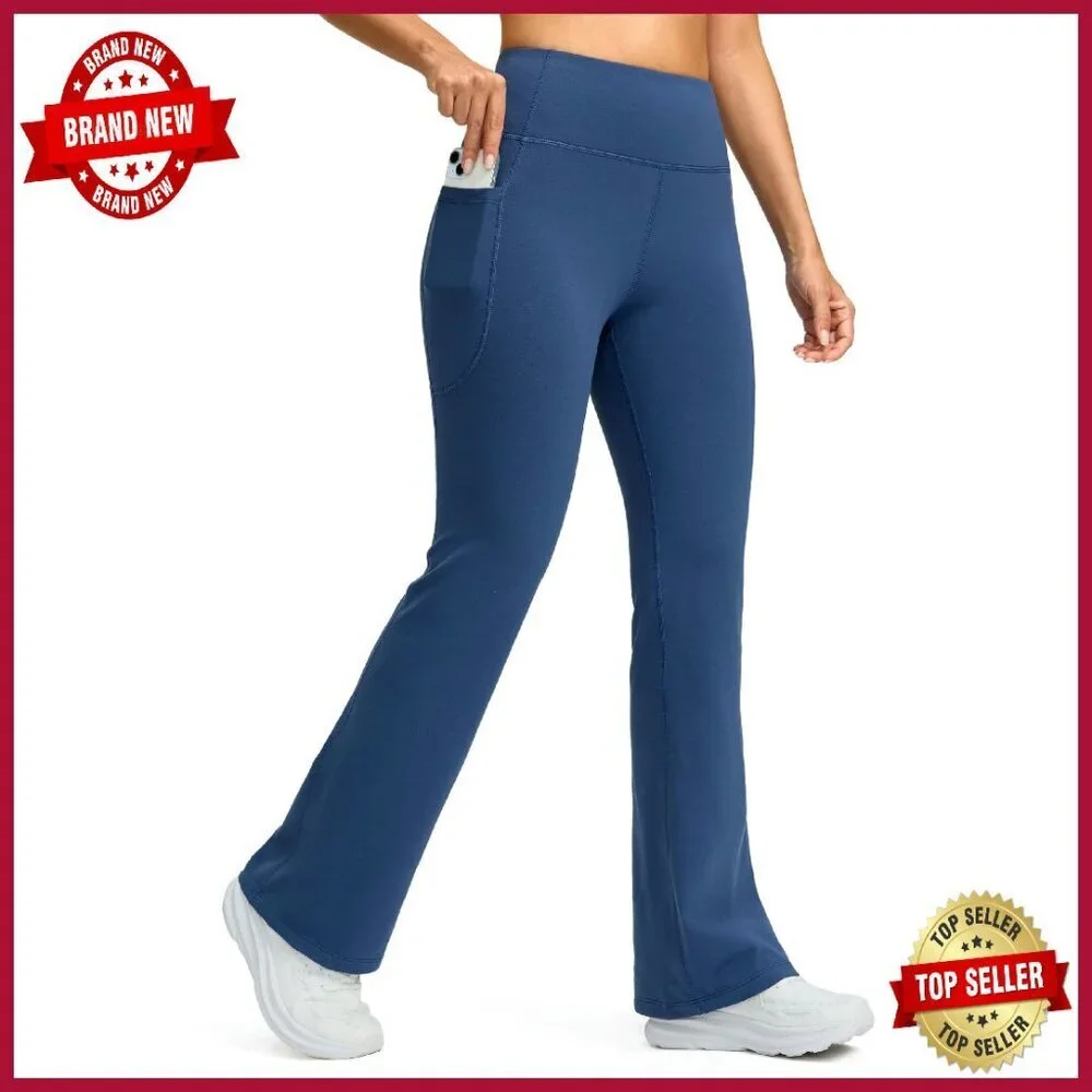 Fleece Lined High Waist Flare Leggings with Pockets Thermal Winter Yoga Pants